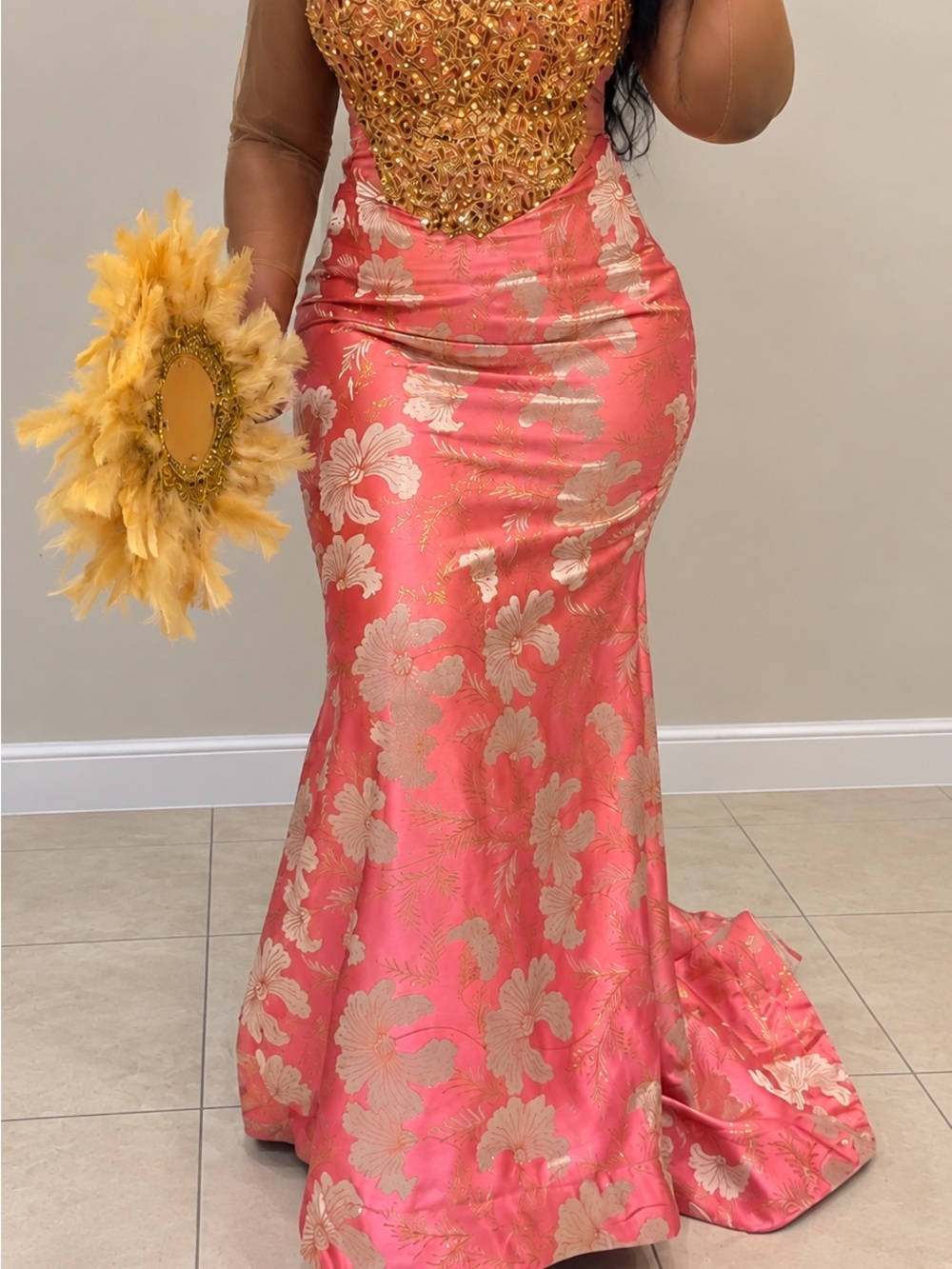 Gold-Embellished Coral-Pink Prom Gown